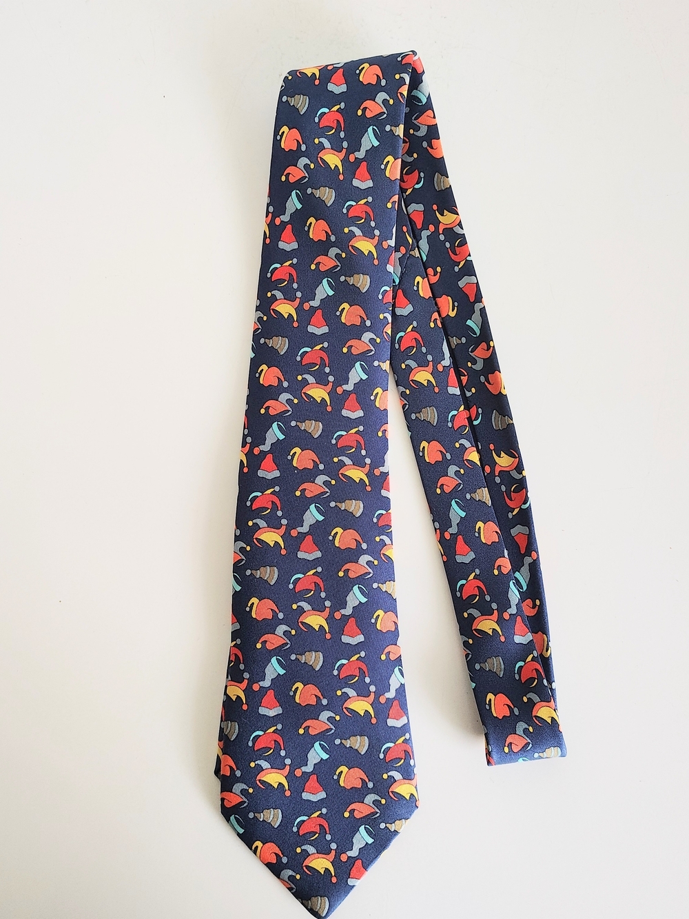 Vintage Hermes Jester Hat Silk Tie Navy Blue Multi Color #7474 Made in France
